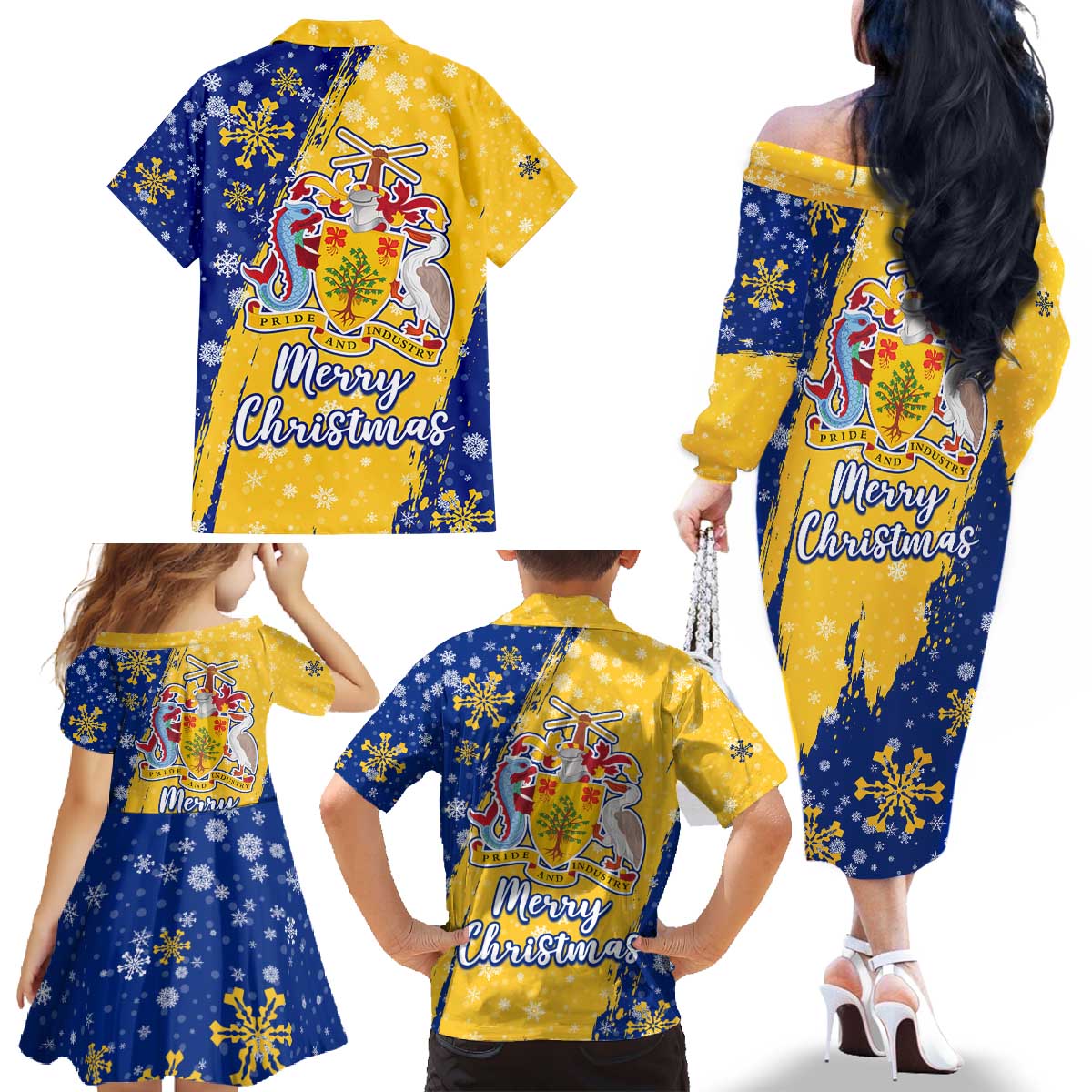 Barbados Christmas Family Matching Off The Shoulder Long Sleeve Dress and Hawaiian Shirt with Blue Yellow Xmas Snowflakes Red Truck and Coat of Arms - Wonder Print Shop