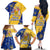 Barbados Christmas Family Matching Off The Shoulder Long Sleeve Dress and Hawaiian Shirt with Blue Yellow Xmas Snowflakes Red Truck and Coat of Arms - Wonder Print Shop