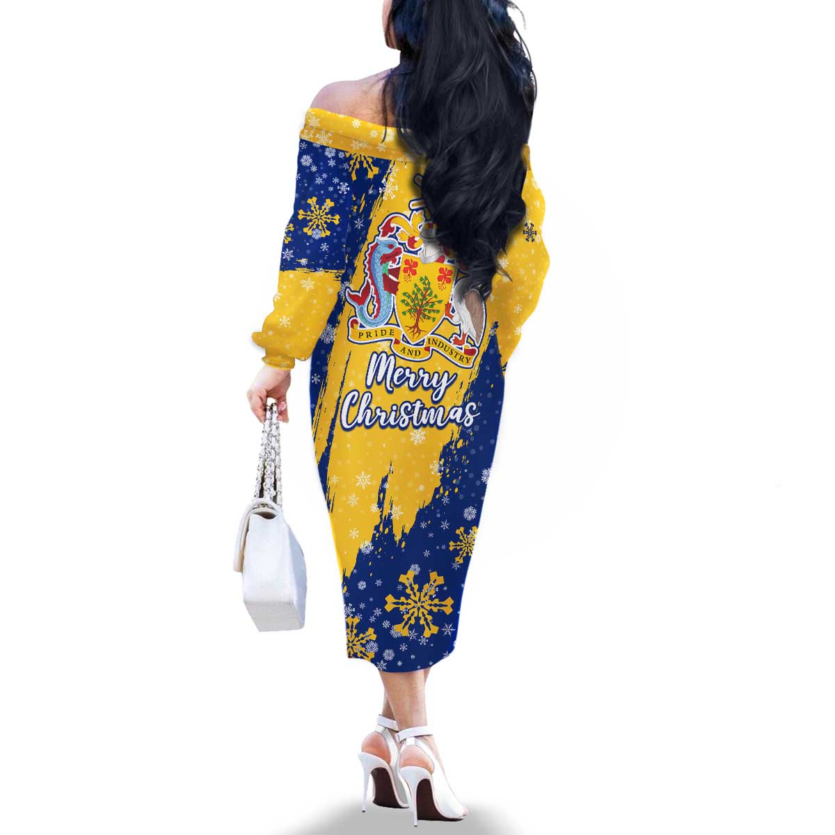 Barbados Christmas Family Matching Off The Shoulder Long Sleeve Dress and Hawaiian Shirt with Blue Yellow Xmas Snowflakes Red Truck and Coat of Arms - Wonder Print Shop
