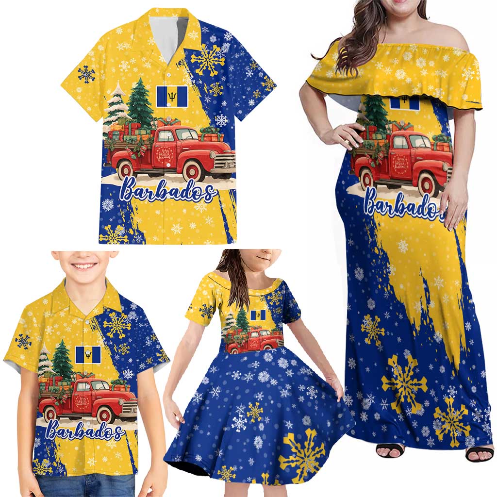 Barbados Christmas Family Matching Off Shoulder Maxi Dress and Hawaiian Shirt with Blue Yellow Xmas Snowflakes Red Truck and Coat of Arms - Wonder Print Shop