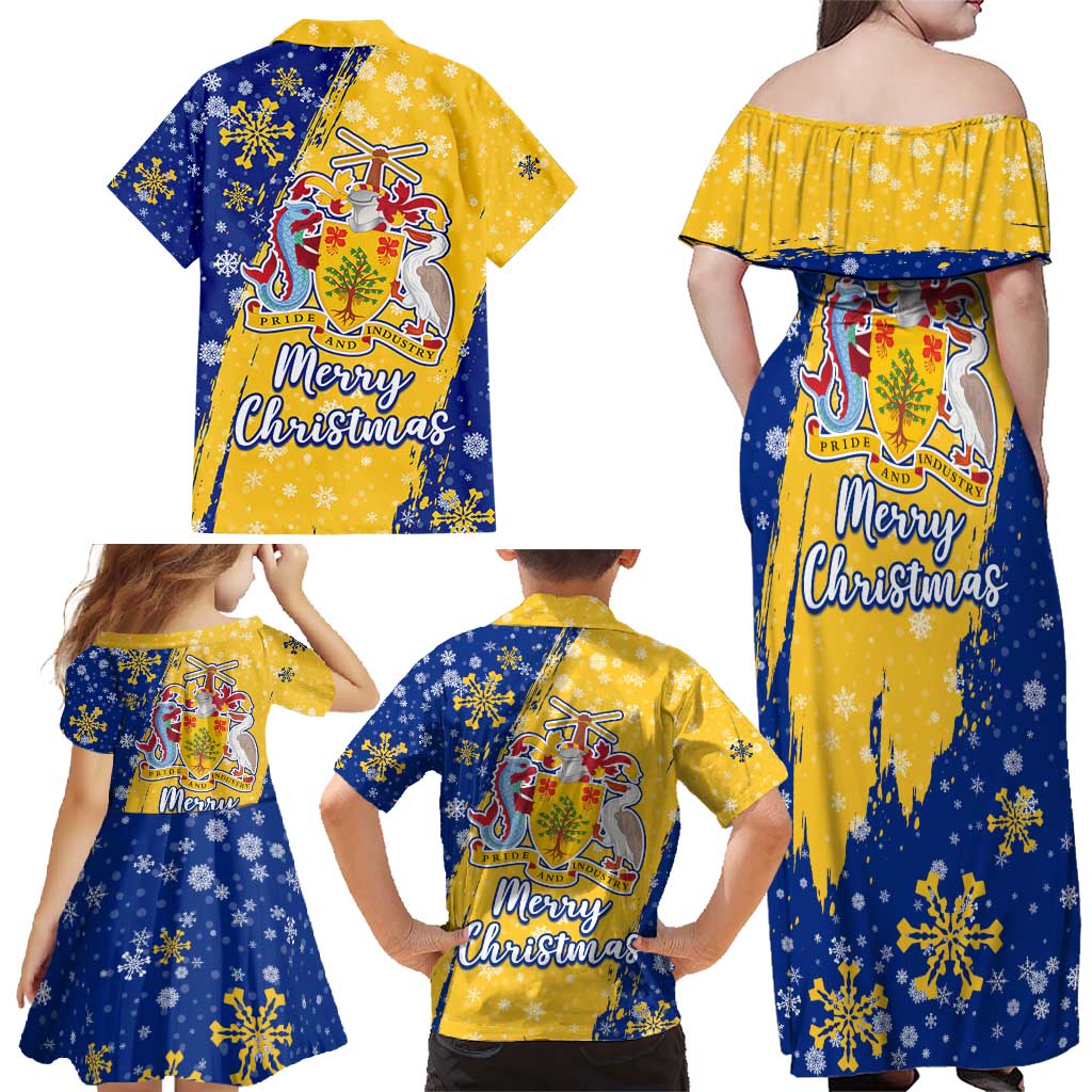 Barbados Christmas Family Matching Off Shoulder Maxi Dress and Hawaiian Shirt with Blue Yellow Xmas Snowflakes Red Truck and Coat of Arms - Wonder Print Shop