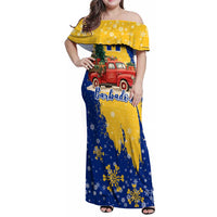 Barbados Christmas Family Matching Off Shoulder Maxi Dress and Hawaiian Shirt with Blue Yellow Xmas Snowflakes Red Truck and Coat of Arms - Wonder Print Shop