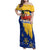 Barbados Christmas Family Matching Off Shoulder Maxi Dress and Hawaiian Shirt with Blue Yellow Xmas Snowflakes Red Truck and Coat of Arms - Wonder Print Shop
