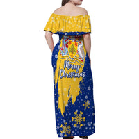 Barbados Christmas Family Matching Off Shoulder Maxi Dress and Hawaiian Shirt with Blue Yellow Xmas Snowflakes Red Truck and Coat of Arms - Wonder Print Shop