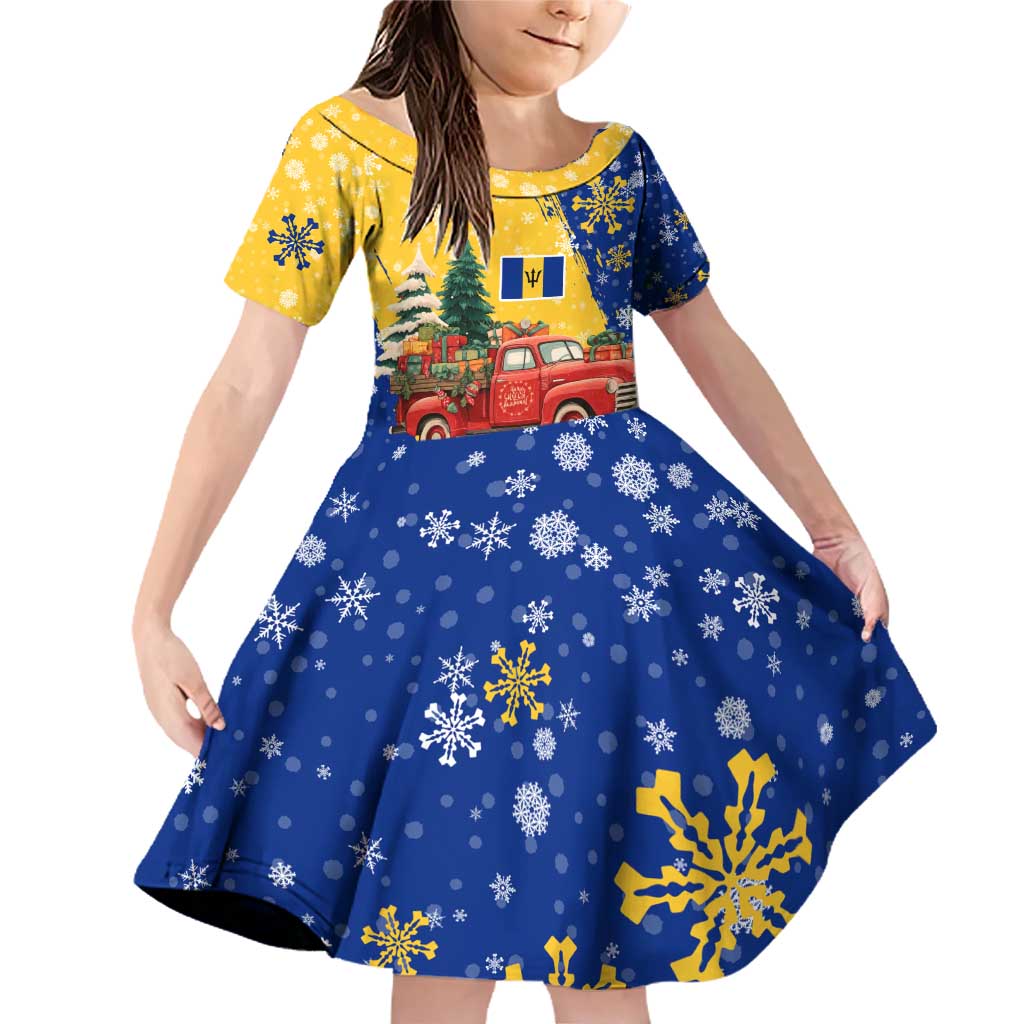 Barbados Christmas Family Matching Off Shoulder Short Dress and Hawaiian Shirt with Blue Yellow Xmas Snowflakes Red Truck and Coat of Arms - Wonder Print Shop