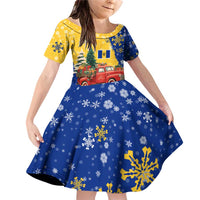 Barbados Christmas Family Matching Off Shoulder Short Dress and Hawaiian Shirt with Blue Yellow Xmas Snowflakes Red Truck and Coat of Arms - Wonder Print Shop