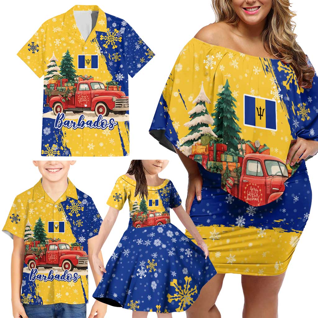 Barbados Christmas Family Matching Off Shoulder Short Dress and Hawaiian Shirt with Blue Yellow Xmas Snowflakes Red Truck and Coat of Arms - Wonder Print Shop