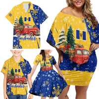 Barbados Christmas Family Matching Off Shoulder Short Dress and Hawaiian Shirt with Blue Yellow Xmas Snowflakes Red Truck and Coat of Arms - Wonder Print Shop