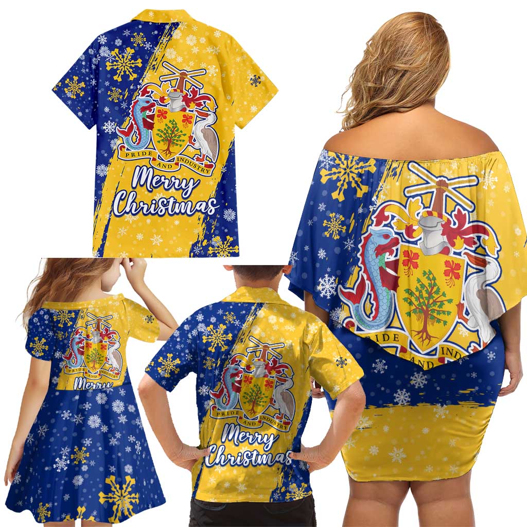 Barbados Christmas Family Matching Off Shoulder Short Dress and Hawaiian Shirt with Blue Yellow Xmas Snowflakes Red Truck and Coat of Arms - Wonder Print Shop