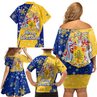 Barbados Christmas Family Matching Off Shoulder Short Dress and Hawaiian Shirt with Blue Yellow Xmas Snowflakes Red Truck and Coat of Arms - Wonder Print Shop