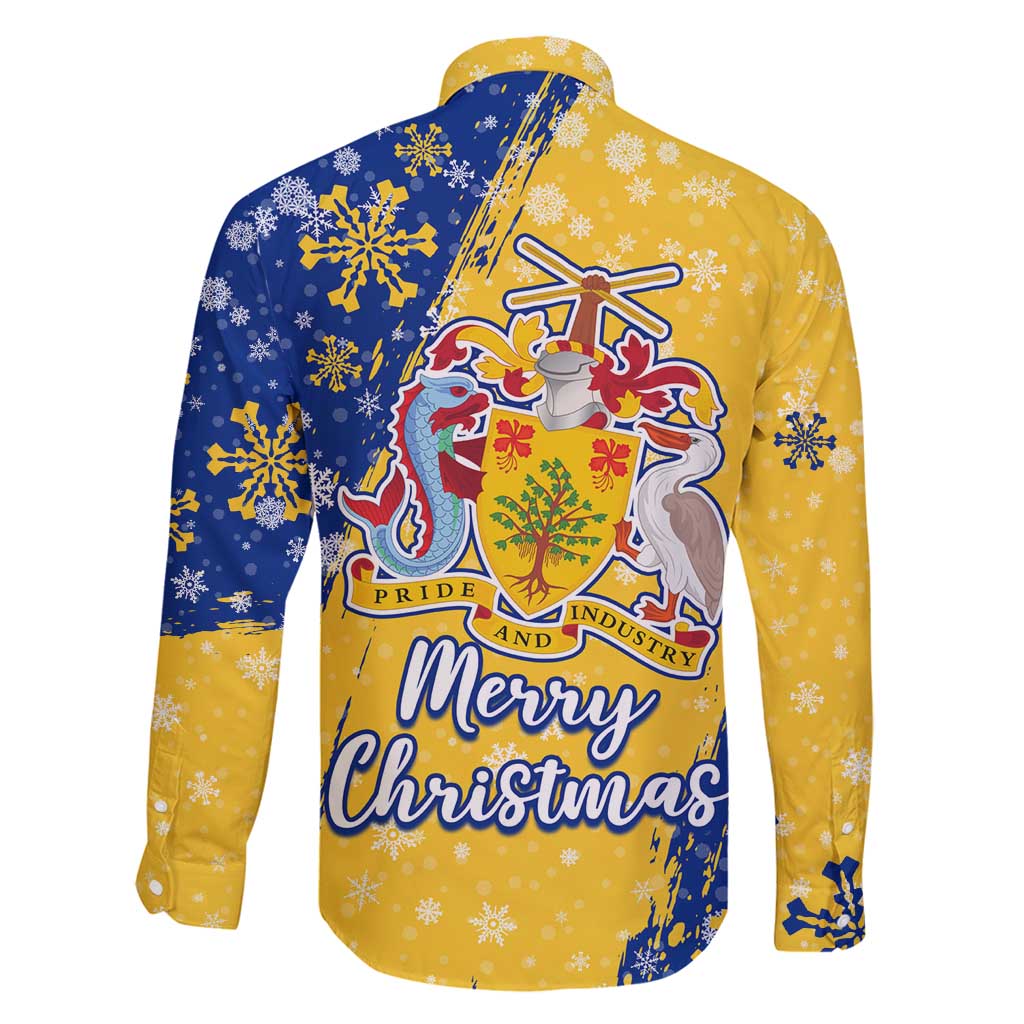 Barbados Christmas Family Matching Off Shoulder Short Dress and Hawaiian Shirt with Blue Yellow Xmas Snowflakes Red Truck and Coat of Arms - Wonder Print Shop