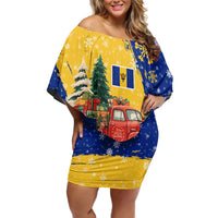 Barbados Christmas Family Matching Off Shoulder Short Dress and Hawaiian Shirt with Blue Yellow Xmas Snowflakes Red Truck and Coat of Arms - Wonder Print Shop
