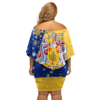 Barbados Christmas Family Matching Off Shoulder Short Dress and Hawaiian Shirt with Blue Yellow Xmas Snowflakes Red Truck and Coat of Arms - Wonder Print Shop