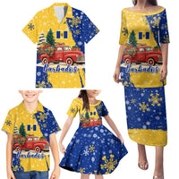 Barbados Christmas Family Matching Puletasi and Hawaiian Shirt with Blue Yellow Xmas Snowflakes Red Truck and Coat of Arms - Wonder Print Shop