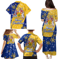 Barbados Christmas Family Matching Puletasi and Hawaiian Shirt with Blue Yellow Xmas Snowflakes Red Truck and Coat of Arms - Wonder Print Shop