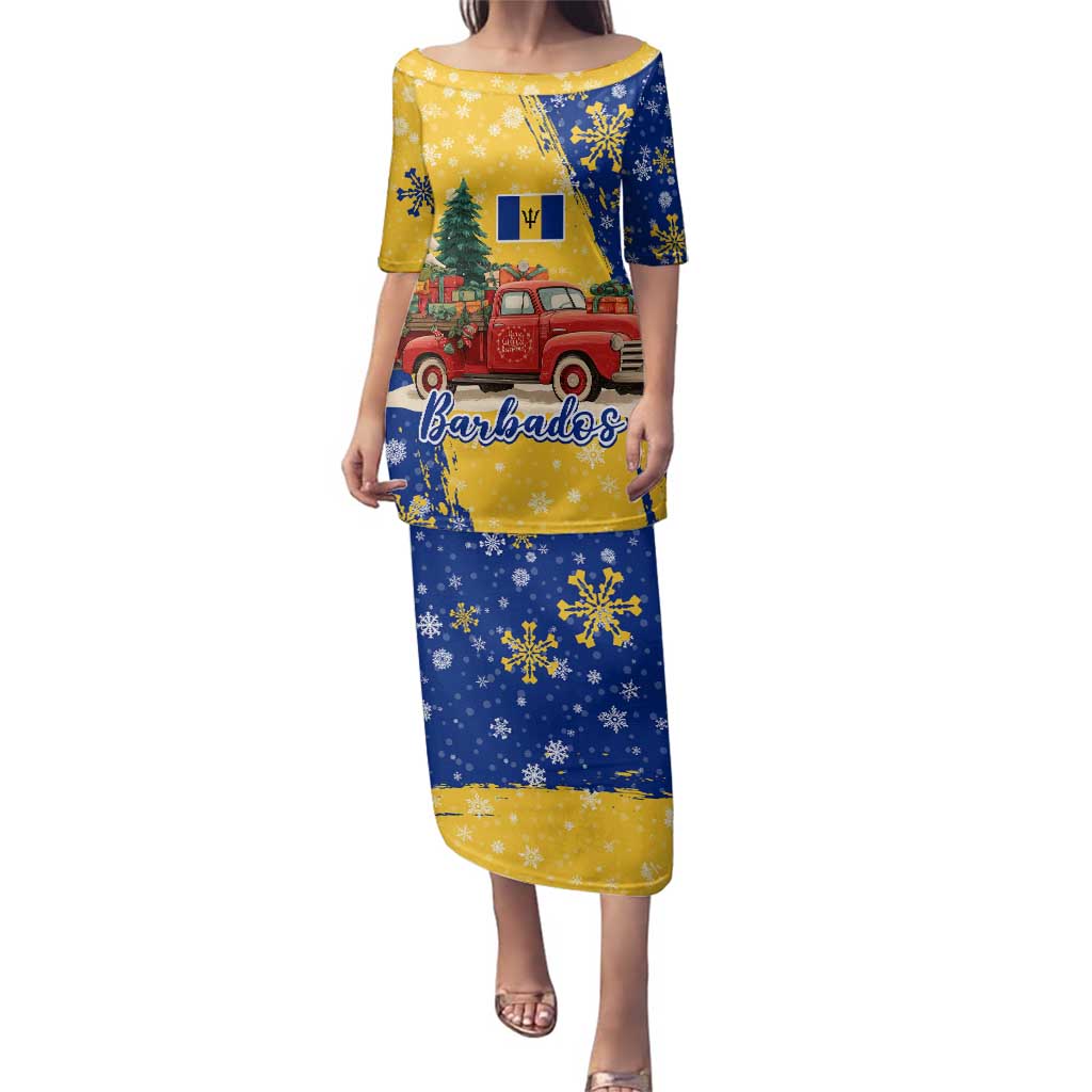Barbados Christmas Family Matching Puletasi and Hawaiian Shirt with Blue Yellow Xmas Snowflakes Red Truck and Coat of Arms - Wonder Print Shop