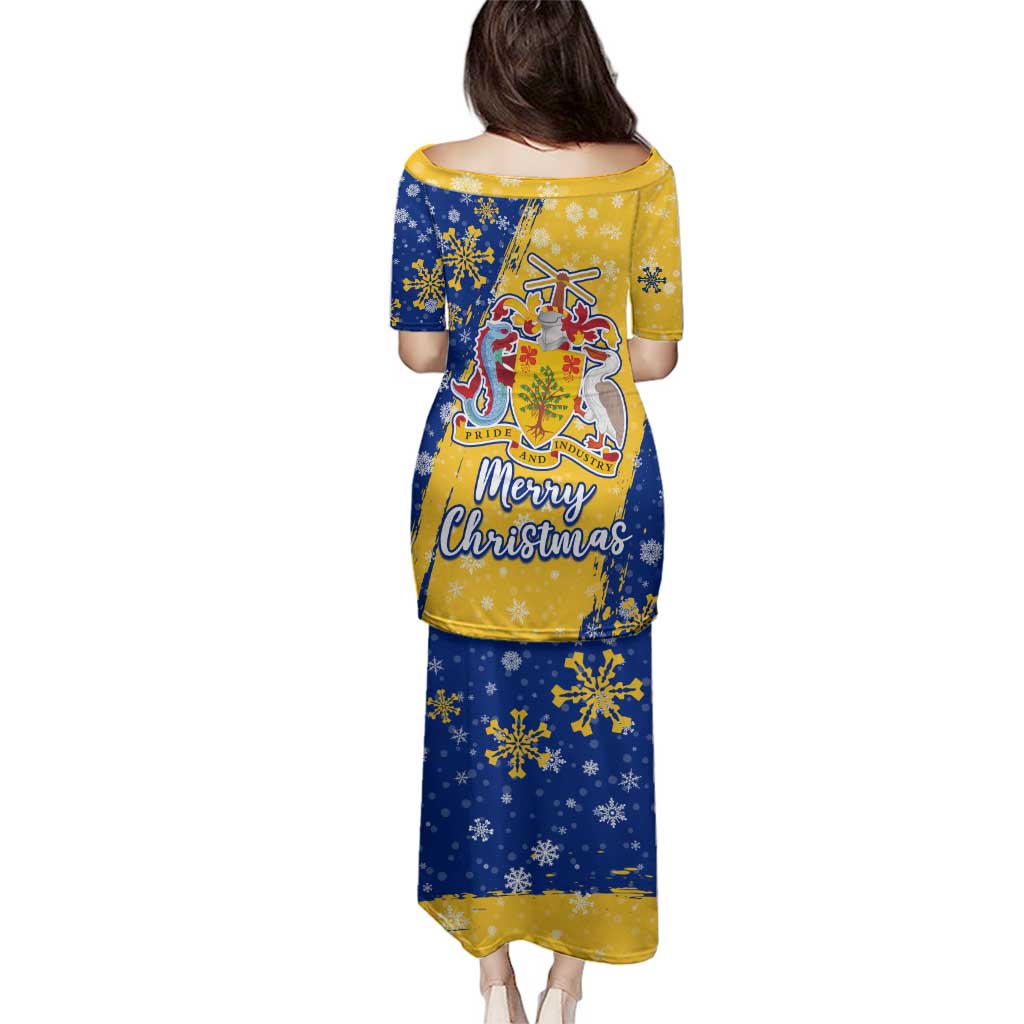 Barbados Christmas Family Matching Puletasi and Hawaiian Shirt with Blue Yellow Xmas Snowflakes Red Truck and Coat of Arms - Wonder Print Shop