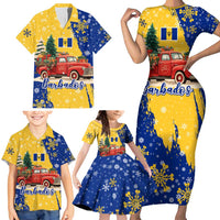 Barbados Christmas Family Matching Short Sleeve Bodycon Dress and Hawaiian Shirt with Blue Yellow Xmas Snowflakes Red Truck and Coat of Arms - Wonder Print Shop