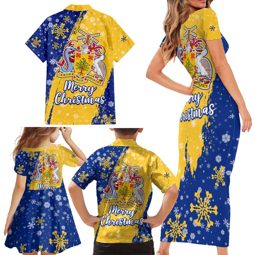 Barbados Christmas Family Matching Short Sleeve Bodycon Dress and Hawaiian Shirt with Blue Yellow Xmas Snowflakes Red Truck and Coat of Arms - Wonder Print Shop