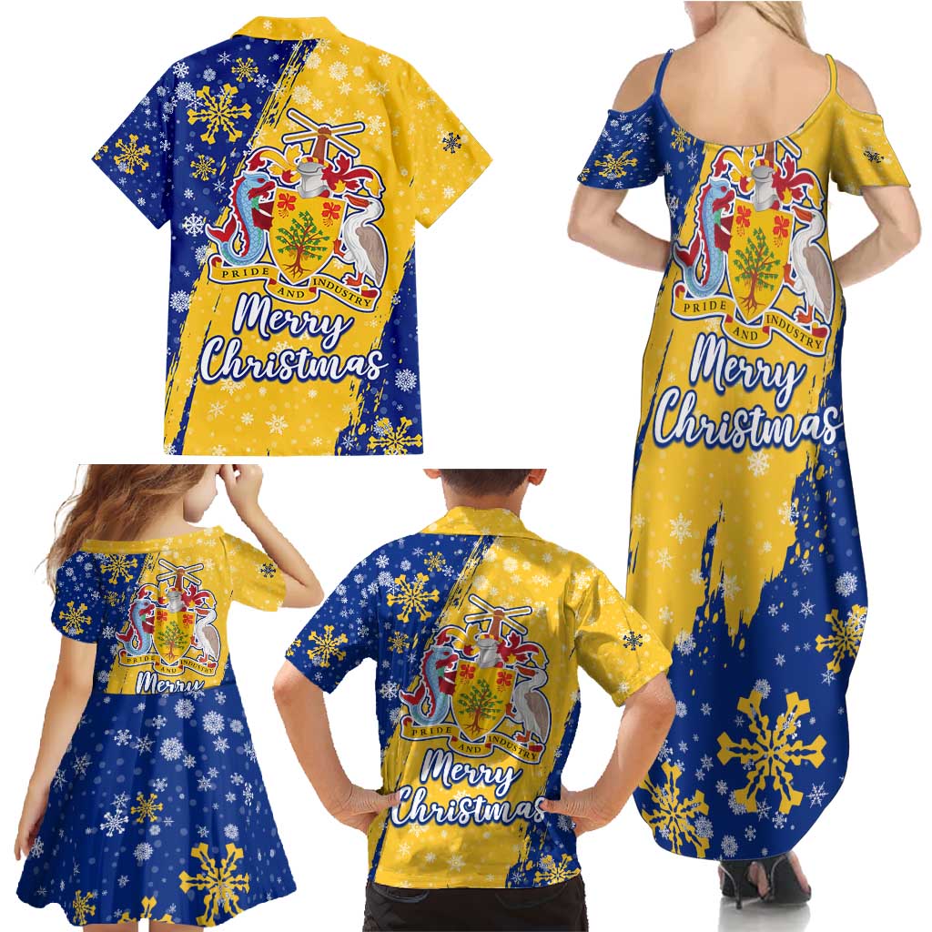 Barbados Christmas Family Matching Summer Maxi Dress and Hawaiian Shirt with Blue Yellow Xmas Snowflakes Red Truck and Coat of Arms - Wonder Print Shop