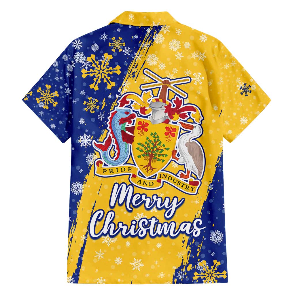 Barbados Christmas Family Matching Summer Maxi Dress and Hawaiian Shirt with Blue Yellow Xmas Snowflakes Red Truck and Coat of Arms - Wonder Print Shop