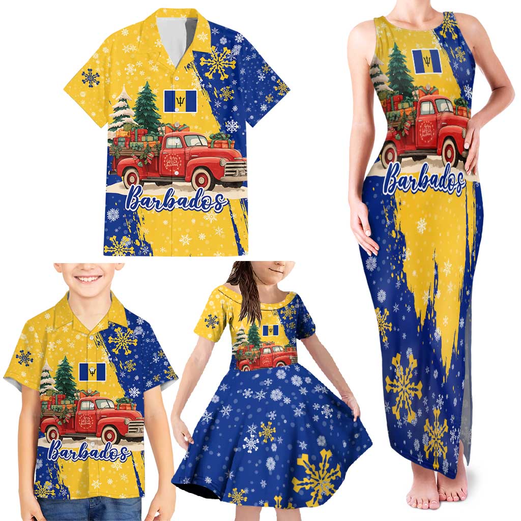 Barbados Christmas Family Matching Tank Maxi Dress and Hawaiian Shirt with Blue Yellow Xmas Snowflakes Red Truck and Coat of Arms - Wonder Print Shop