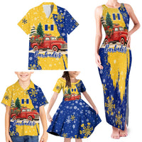 Barbados Christmas Family Matching Tank Maxi Dress and Hawaiian Shirt with Blue Yellow Xmas Snowflakes Red Truck and Coat of Arms - Wonder Print Shop