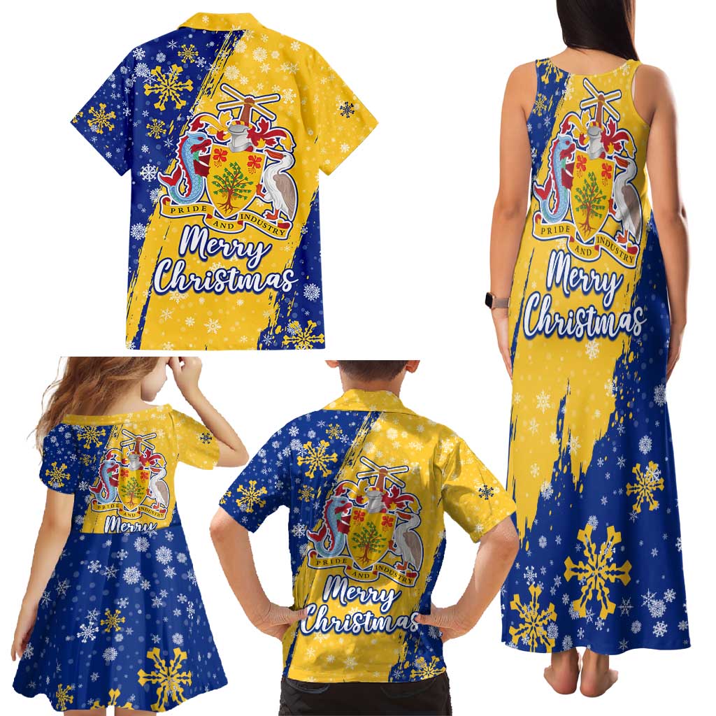 Barbados Christmas Family Matching Tank Maxi Dress and Hawaiian Shirt with Blue Yellow Xmas Snowflakes Red Truck and Coat of Arms - Wonder Print Shop