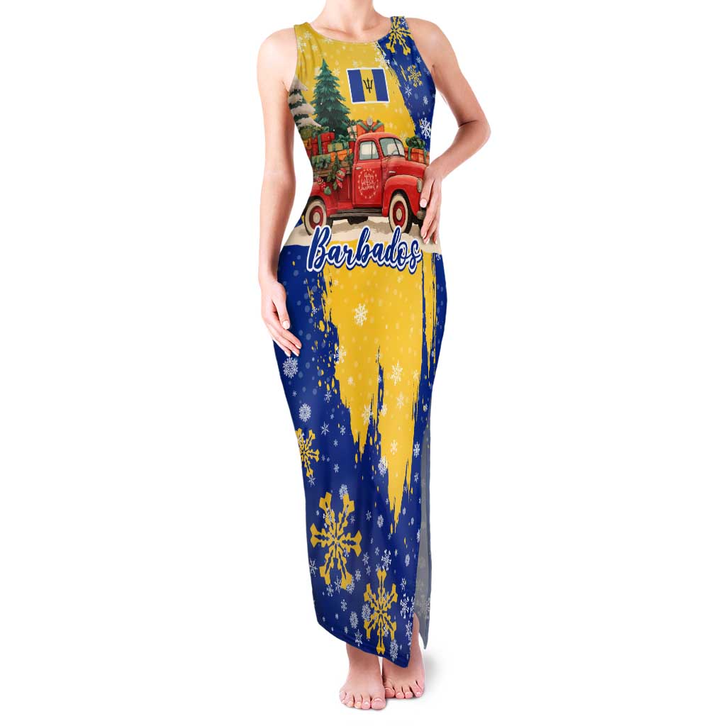 Barbados Christmas Family Matching Tank Maxi Dress and Hawaiian Shirt with Blue Yellow Xmas Snowflakes Red Truck and Coat of Arms - Wonder Print Shop