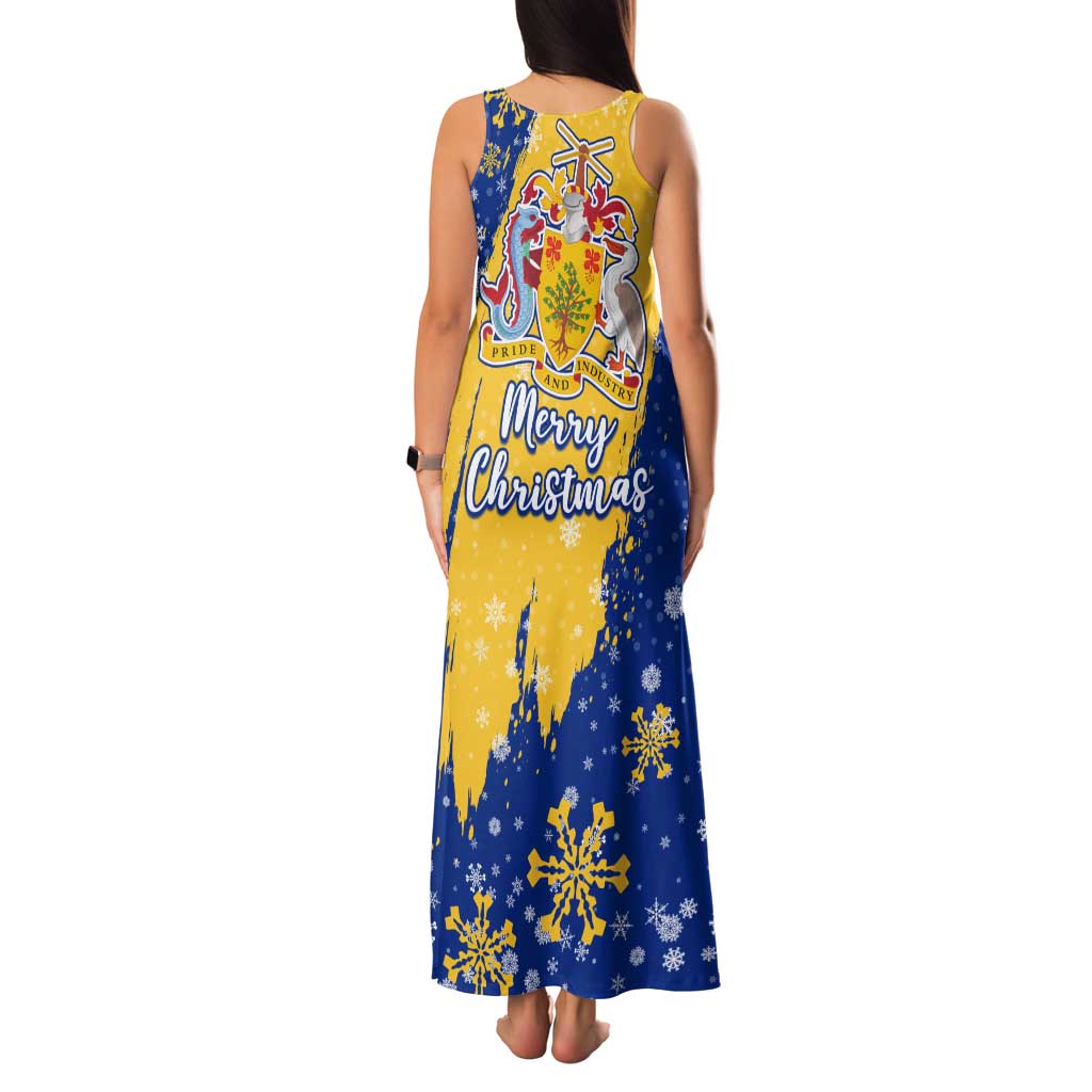 Barbados Christmas Family Matching Tank Maxi Dress and Hawaiian Shirt with Blue Yellow Xmas Snowflakes Red Truck and Coat of Arms - Wonder Print Shop