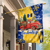 Barbados Christmas Garden Flag with Blue Yellow Xmas Snowflakes Red Truck and Coat of Arms - Wonder Print Shop