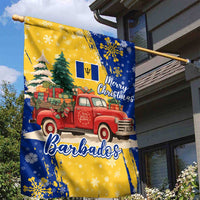 Barbados Christmas Garden Flag with Blue Yellow Xmas Snowflakes Red Truck and Coat of Arms - Wonder Print Shop