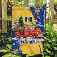 Barbados Christmas Garden Flag with Blue Yellow Xmas Snowflakes Red Truck and Coat of Arms - Wonder Print Shop