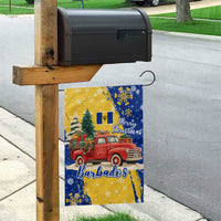 Barbados Christmas Garden Flag with Blue Yellow Xmas Snowflakes Red Truck and Coat of Arms - Wonder Print Shop