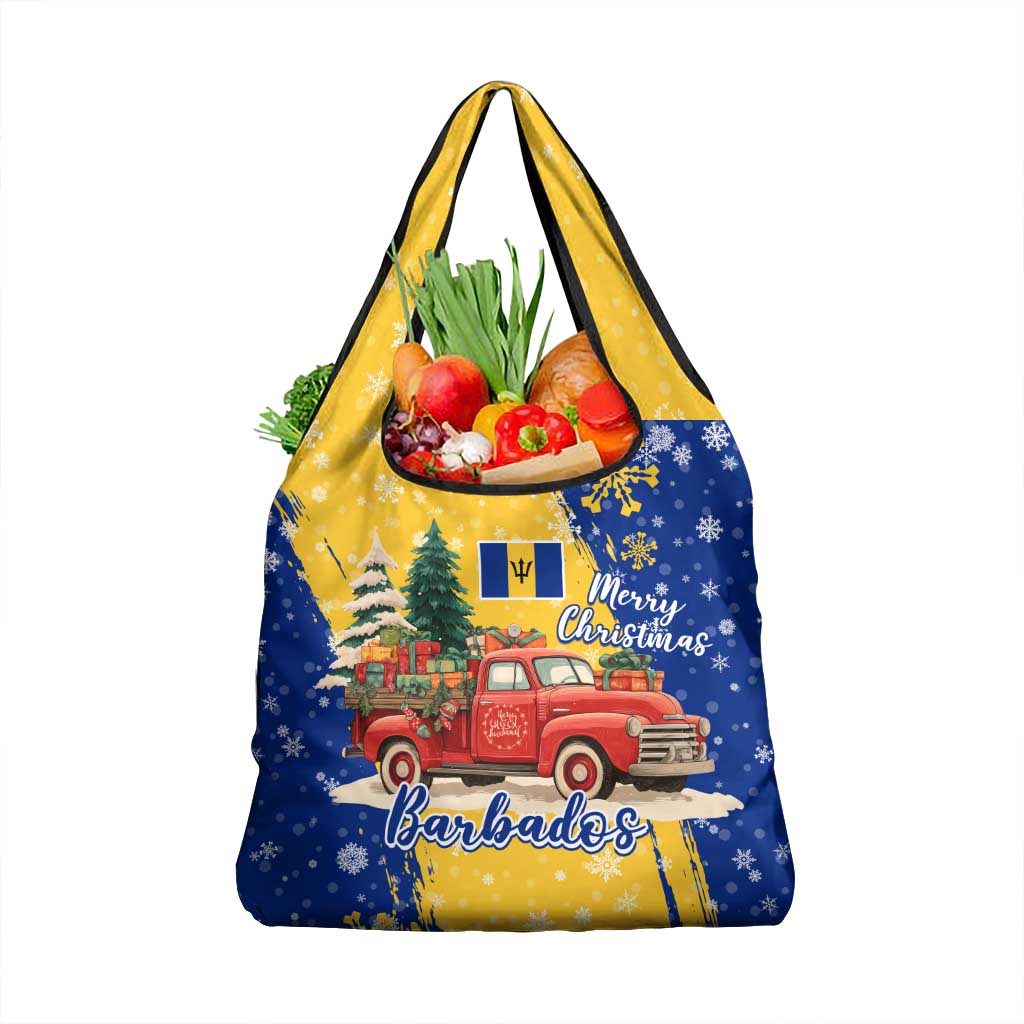 Barbados Christmas Grocery Bag with Blue Yellow Xmas Snowflakes Red Truck and Coat of Arms - Wonder Print Shop