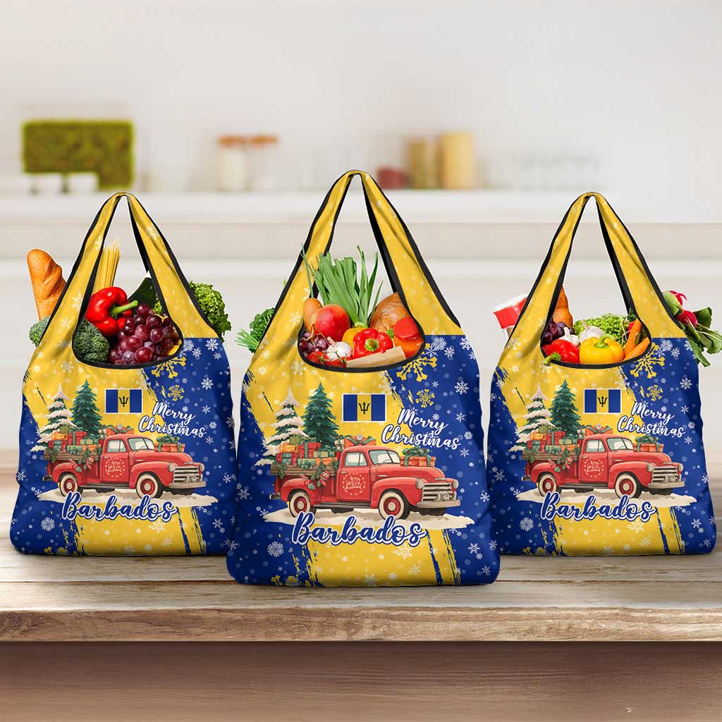 Barbados Christmas Grocery Bag with Blue Yellow Xmas Snowflakes Red Truck and Coat of Arms - Wonder Print Shop