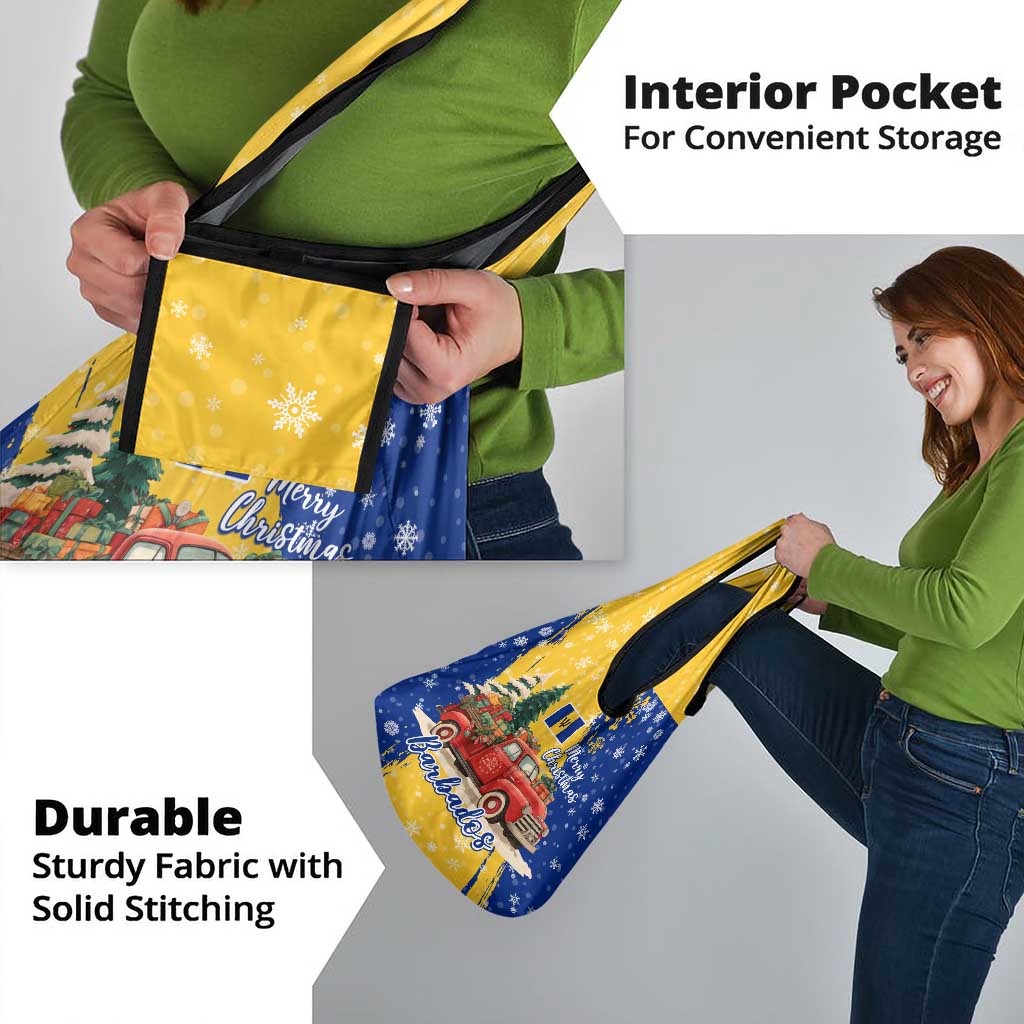 Barbados Christmas Grocery Bag with Blue Yellow Xmas Snowflakes Red Truck and Coat of Arms - Wonder Print Shop