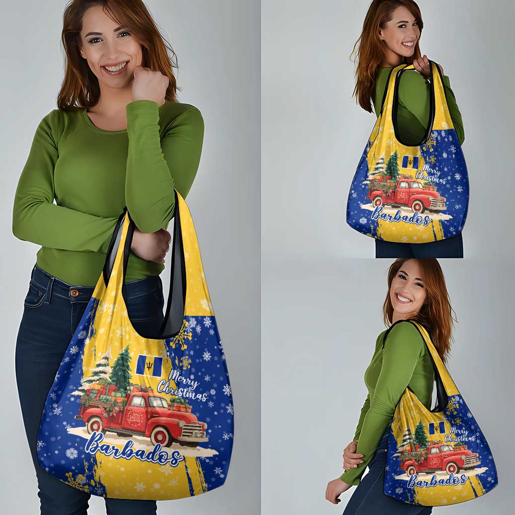 Barbados Christmas Grocery Bag with Blue Yellow Xmas Snowflakes Red Truck and Coat of Arms - Wonder Print Shop
