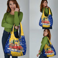 Barbados Christmas Grocery Bag with Blue Yellow Xmas Snowflakes Red Truck and Coat of Arms - Wonder Print Shop