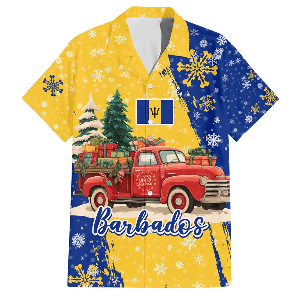 Barbados Christmas Hawaiian Shirt with Blue Yellow Xmas Snowflakes Red Truck and Coat of Arms - Wonder Print Shop