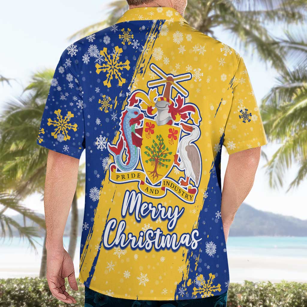 Barbados Christmas Hawaiian Shirt with Blue Yellow Xmas Snowflakes Red Truck and Coat of Arms - Wonder Print Shop