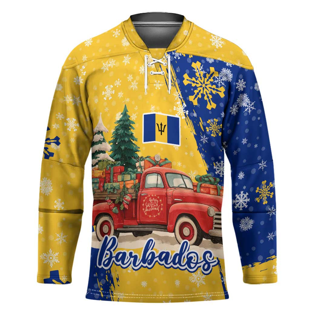 Barbados Christmas Hockey Jersey with Blue Yellow Xmas Snowflakes Red Truck and Coat of Arms - Wonder Print Shop