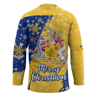 Barbados Christmas Hockey Jersey with Blue Yellow Xmas Snowflakes Red Truck and Coat of Arms - Wonder Print Shop