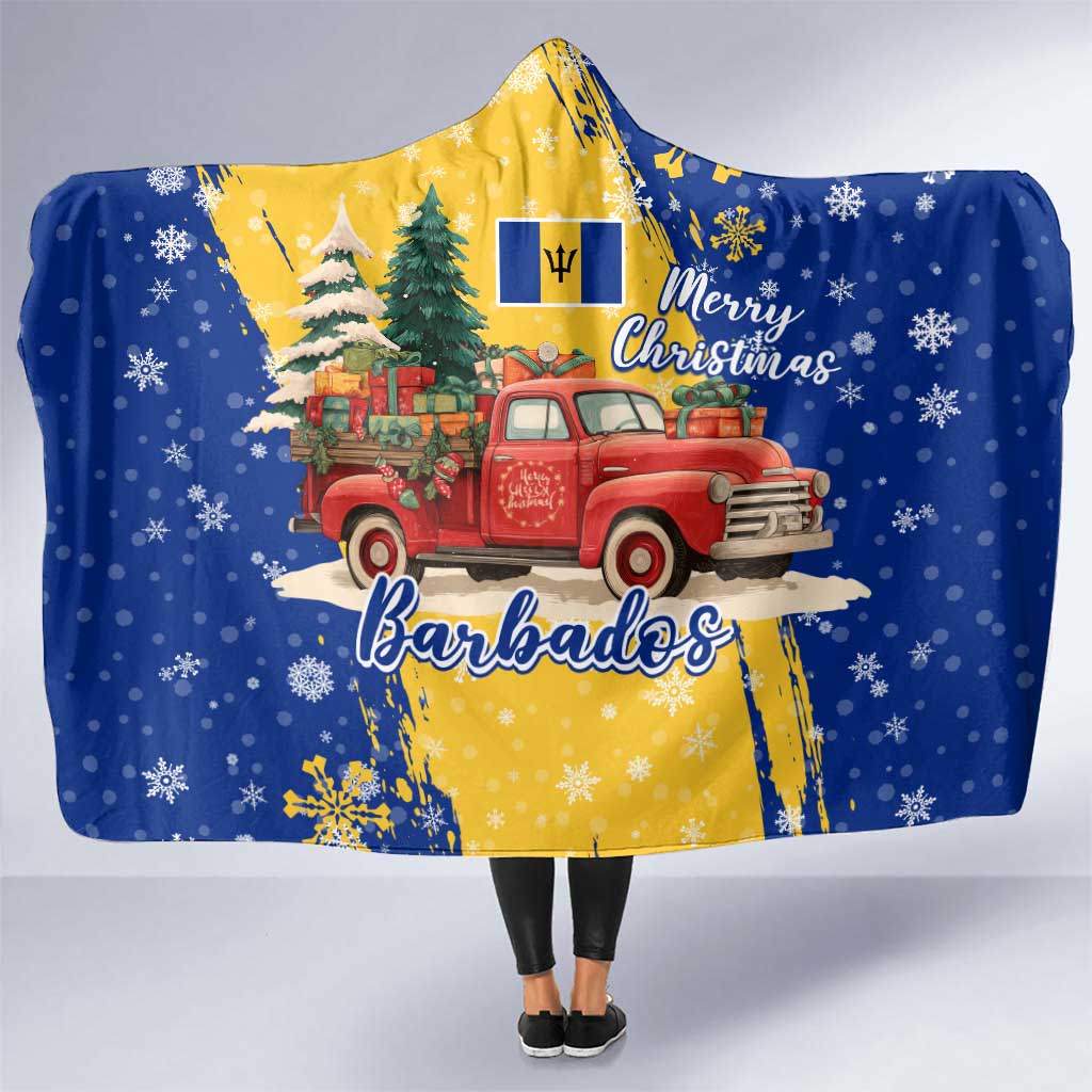 Barbados Christmas Hooded Blanket with Blue Yellow Xmas Snowflakes Red Truck and Coat of Arms - Wonder Print Shop