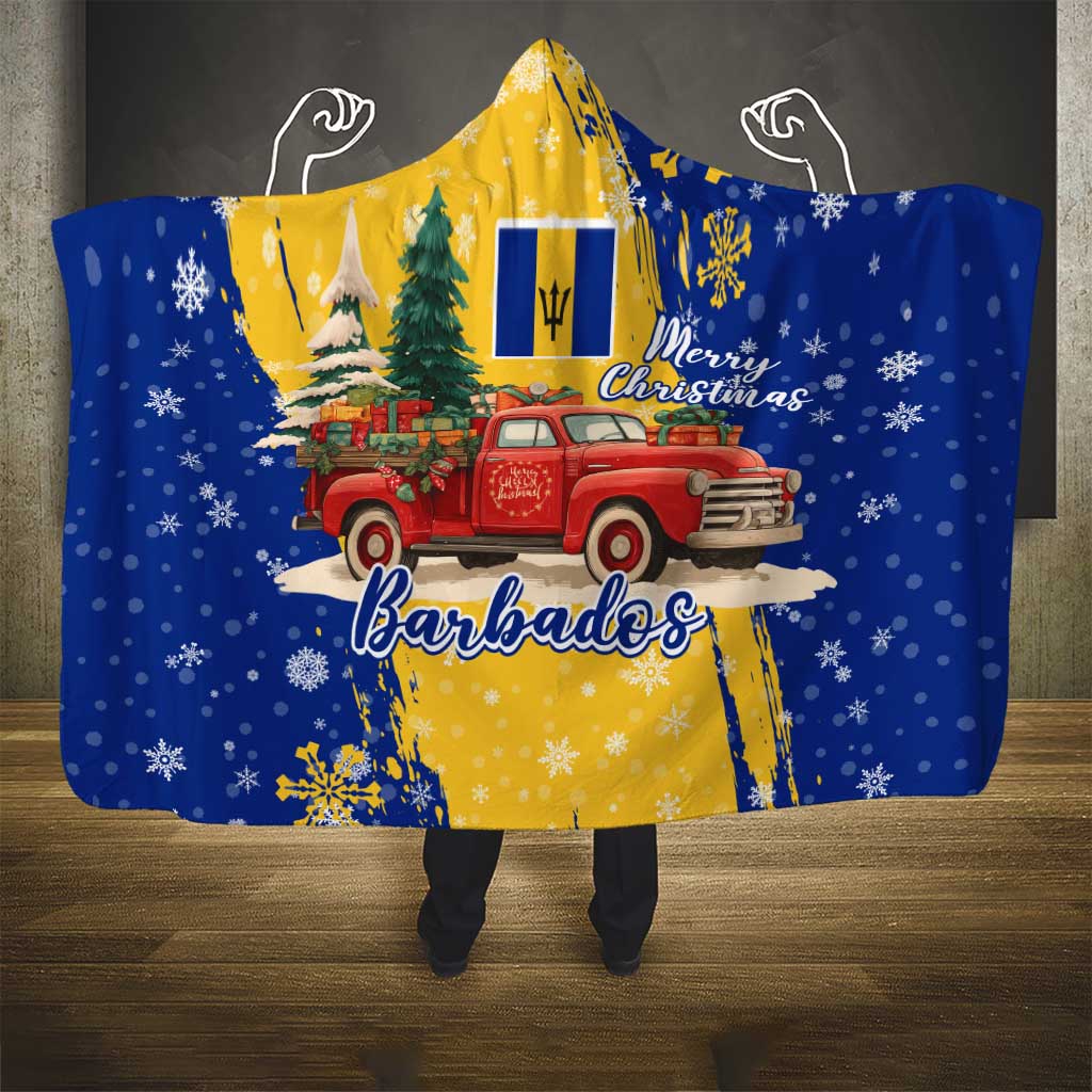 Barbados Christmas Hooded Blanket with Blue Yellow Xmas Snowflakes Red Truck and Coat of Arms - Wonder Print Shop