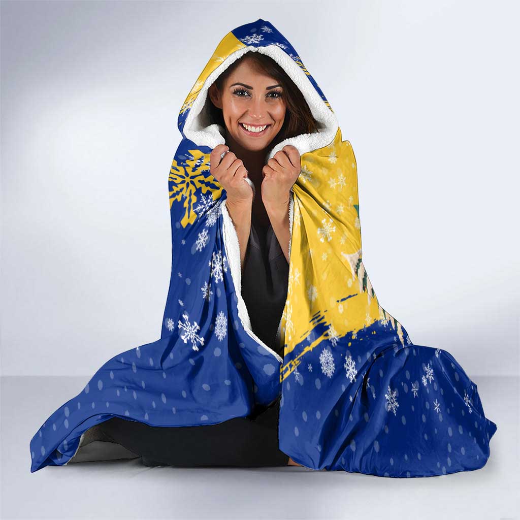 Barbados Christmas Hooded Blanket with Blue Yellow Xmas Snowflakes Red Truck and Coat of Arms - Wonder Print Shop