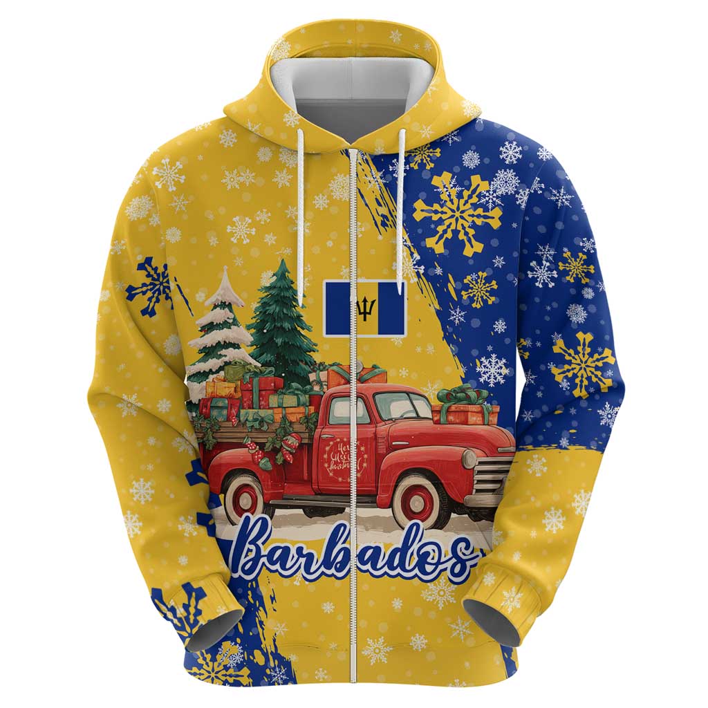 Barbados Christmas Hoodie with Blue Yellow Xmas Snowflakes Red Truck and Coat of Arms - Wonder Print Shop