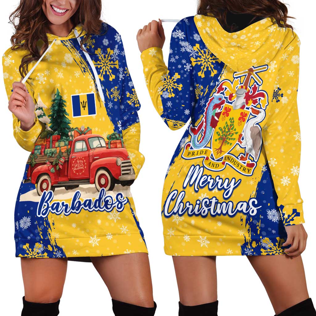 Barbados Christmas Hoodie Dress with Blue Yellow Xmas Snowflakes Red Truck and Coat of Arms - Wonder Print Shop