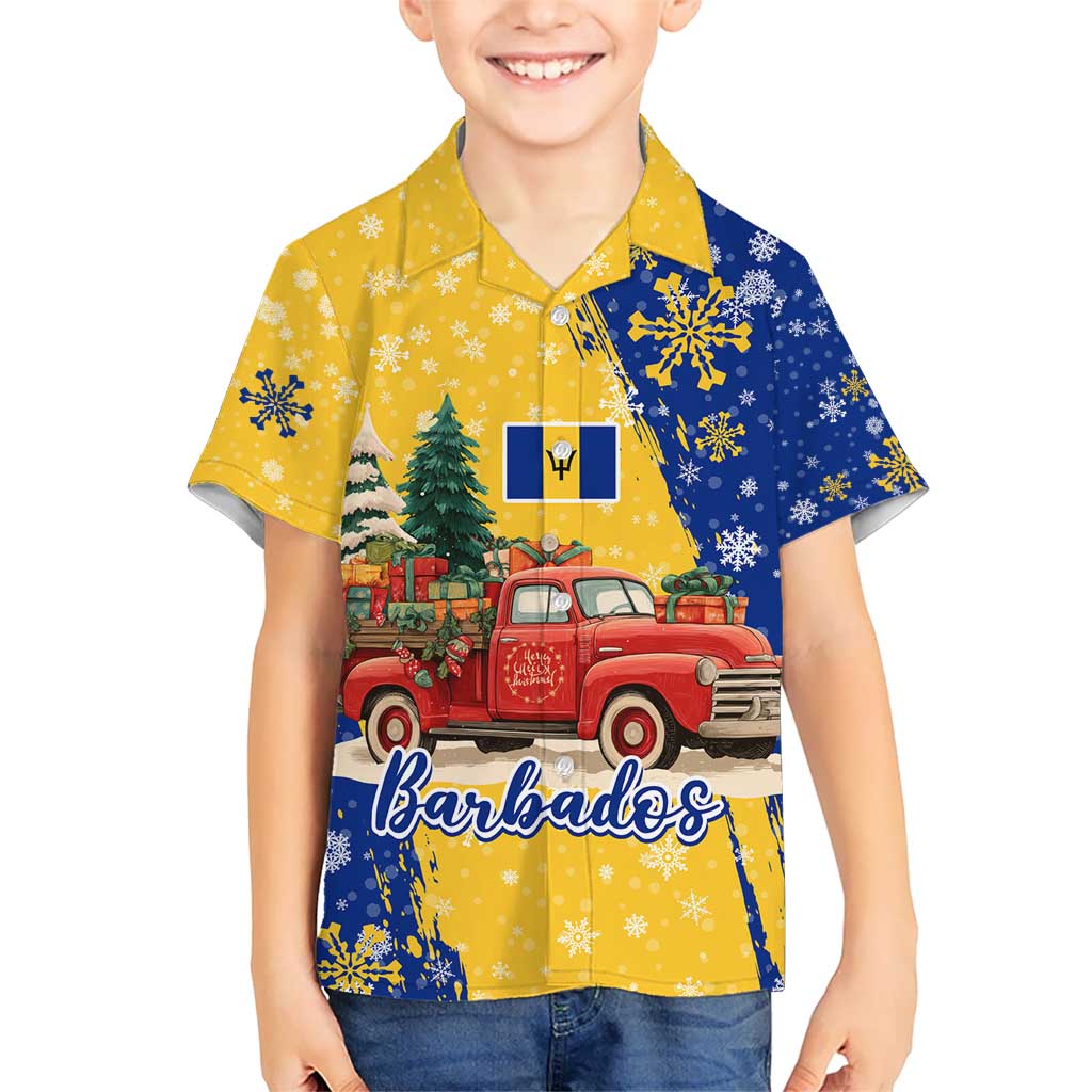 Barbados Christmas Kid Hawaiian Shirt with Blue Yellow Xmas Snowflakes Red Truck and Coat of Arms - Wonder Print Shop