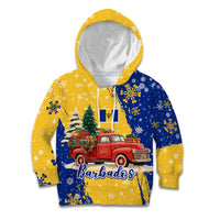 Barbados Christmas Kid Hoodie with Blue Yellow Xmas Snowflakes Red Truck and Coat of Arms - Wonder Print Shop